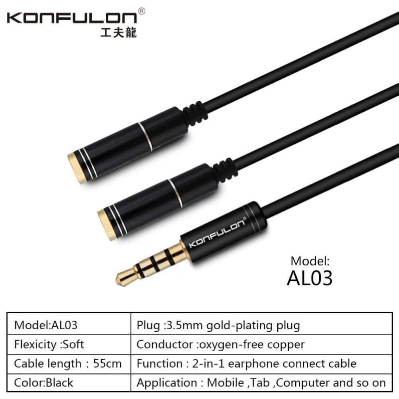 Konfulon AL-03 Audio cable male 3.5mm to 2 female