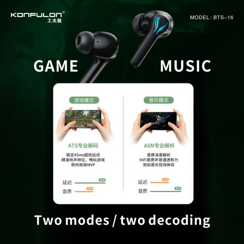 Konfulon Gamer Bluetooth Earphone BTS-16 no delay 