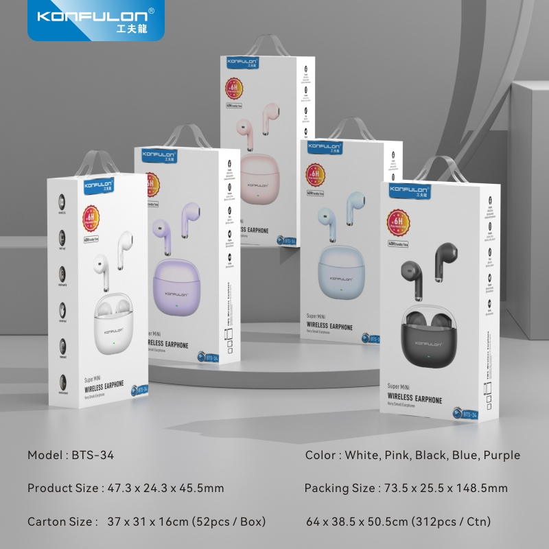 KONFULON Wireless Earphone HIFi Bluetooth 5.3 40 Hour Standby Time Model: BTS34
