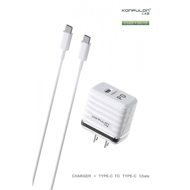 Konfulon Android phone adapter + Cable support QC 3.0, Type-C PD Model : C32D+Type-C to Type-C