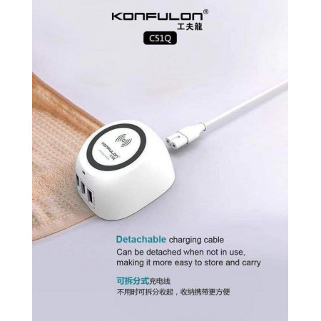 Konfulon Adapter Charger 3 USB Output + 1 Wireless Charger C51Q 3USB