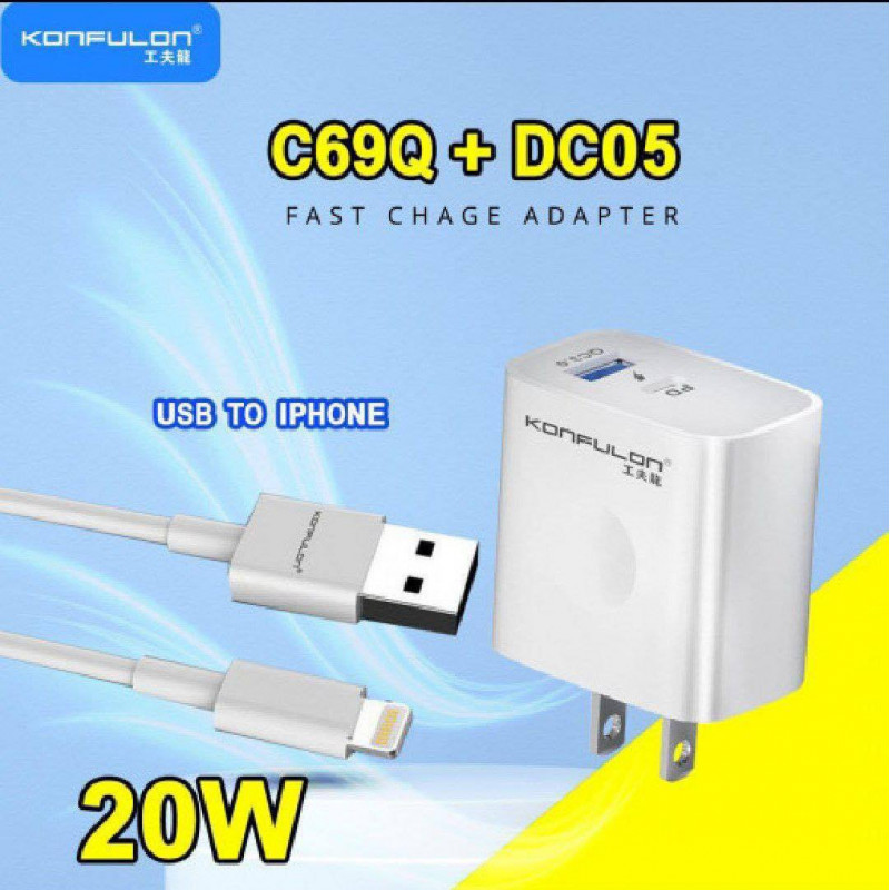 Konfulon Adapter Fast charger+Cable C69Q+Micro C69Q+Lightning C69Q+Type