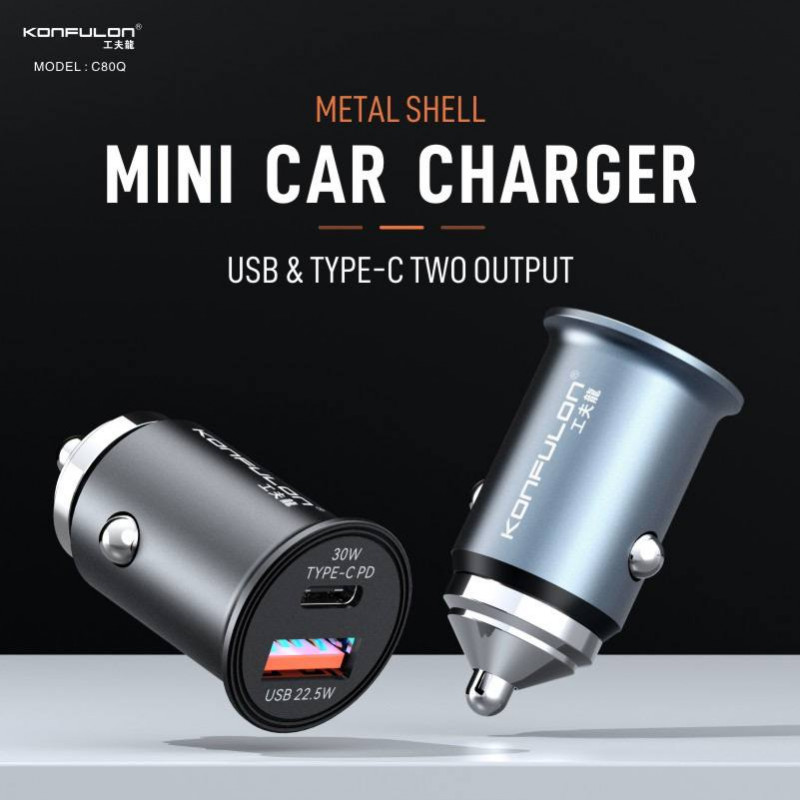 Konfulon Mini Car Charger Metal Shell USB & TYPE-C 2 Output C80Q