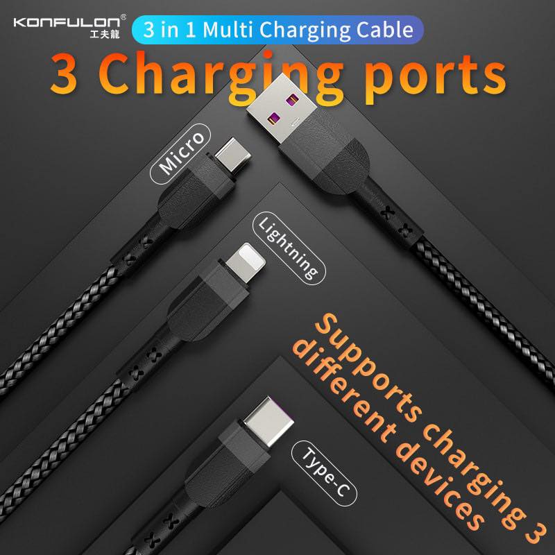 Konfulon Charger Cable DC-40 3 in 1 Micro/Lightning/Type-C 100W