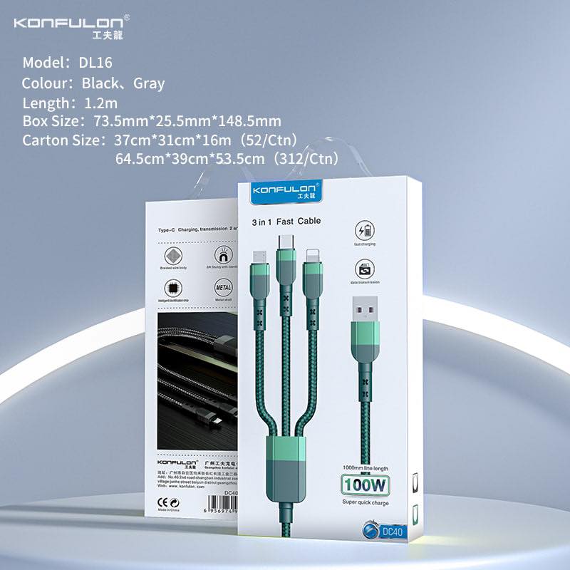 Konfulon Charger Cable DC-40 3 in 1 Micro/Lightning/Type-C 100W