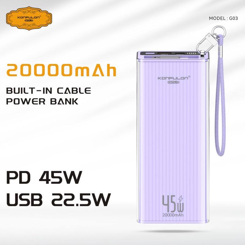 Konfulon Gold Powerbank 20000mAh With Fast Charging PD 45W USB 22.5W Model: G03