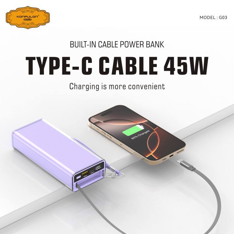 Konfulon Gold Powerbank 20000mAh With Fast Charging PD 45W USB 22.5W Model: G03