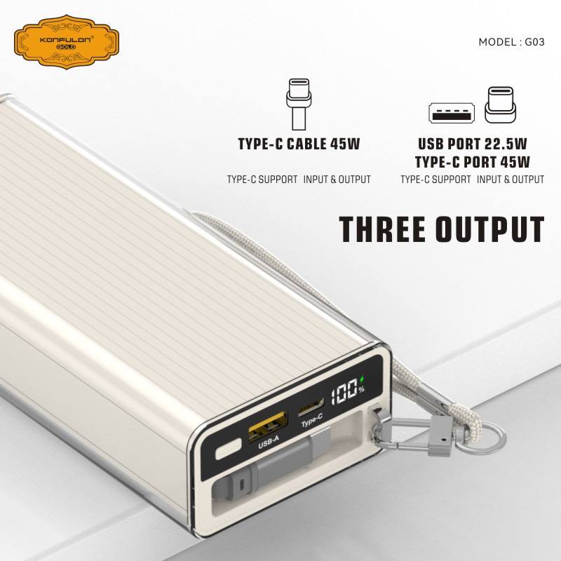 Konfulon Gold Powerbank 20000mAh With Fast Charging PD 45W USB 22.5W Model: G03