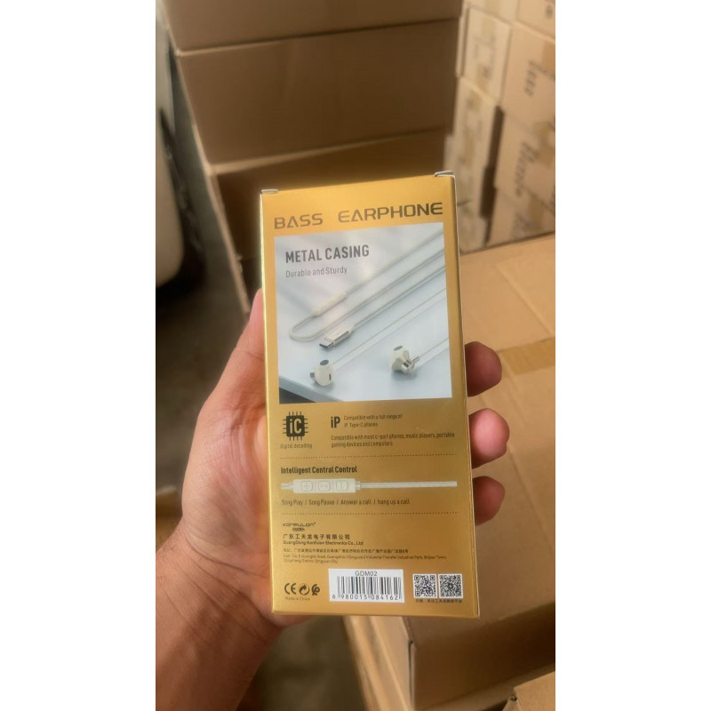 Konfulon Gold new wired earphones with good bass,  Type-C, 3.5mm, Model: GD-M01 (3.5mm)  GD-M02 (Type-C)