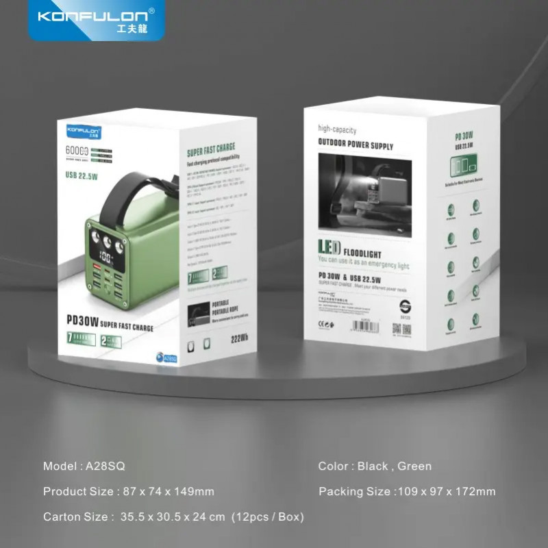 Konfulon ថ្មជំនួយទំហំធំ60000mAhមីលីអំពែរ សាកលឿន USB22.5W TypeC30W ម៉ូឌែល A28SQ