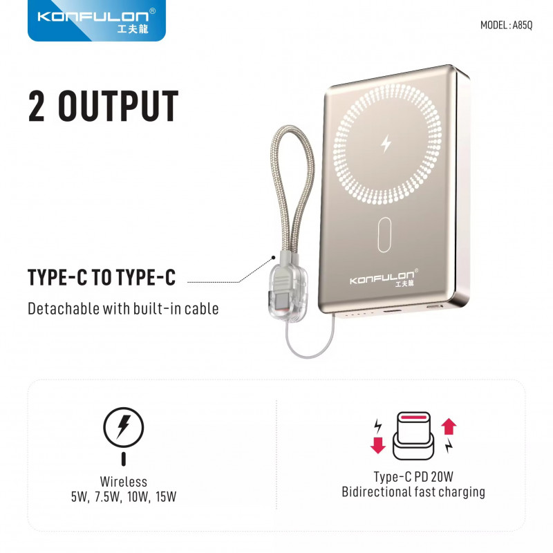 Konfulon Two wireless charging Function and build with cable PD 20W Model: A85Q