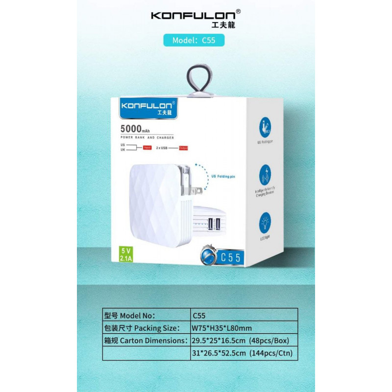 Konfulon Adapter Charger Come with Power bank 5000mAh Model C55