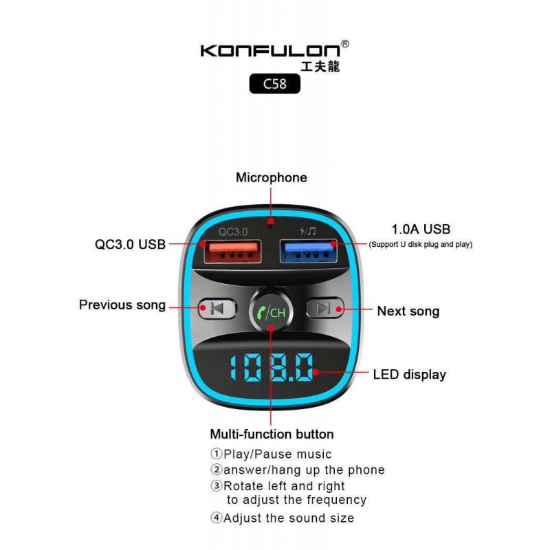 Konfulon Car Charger Come with Bluetooth Connect Speaker Model C58 2USB QC 3.0