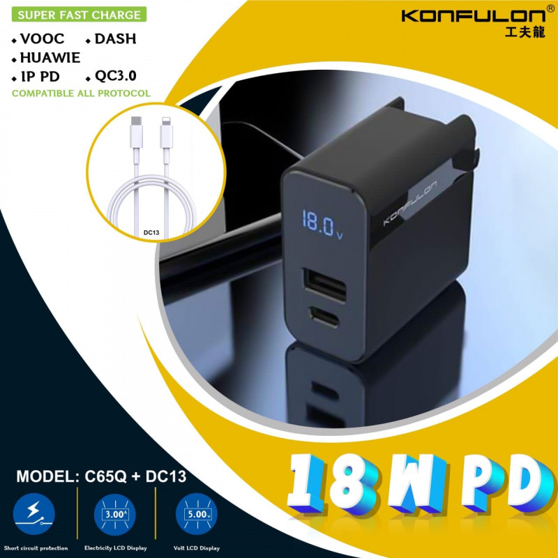 Konfulon Adapter and Cable Fast charger Model C65Q 20W C65Q+DC06 C65Q+DC13