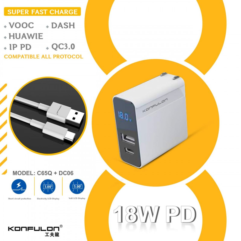 Konfulon Adapter and Cable Fast charger Model C65Q 20W C65Q+DC06 C65Q+DC13