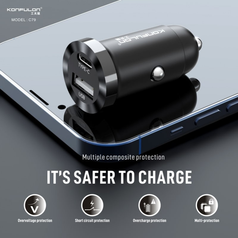 Konfulon Car Charger USB + TYPE-C PD 12W Total Power C79