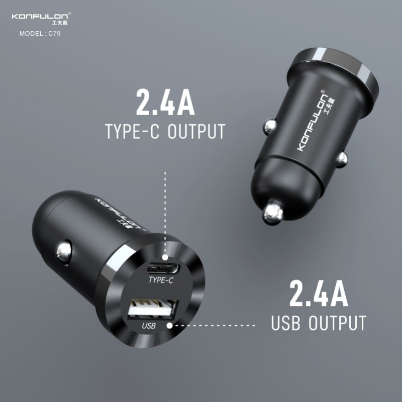 Konfulon Car Charger USB + TYPE-C PD 12W Total Power C79
