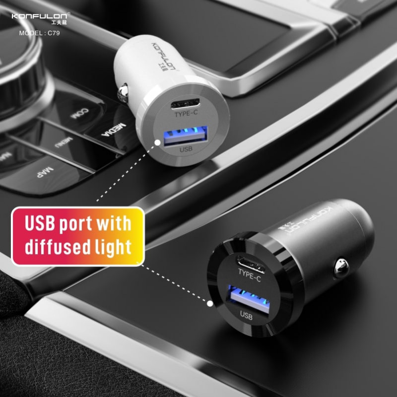 Konfulon Car Charger USB + TYPE-C PD 12W Total Power C79