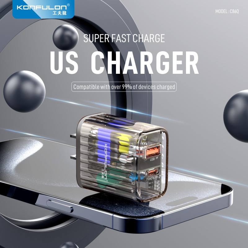 KONFULON Set Adapter Fast Charge ​​USB 22.5W and TYPE-C 20W Model C86Q