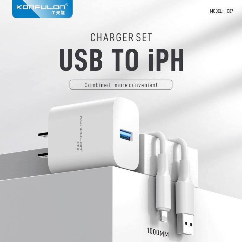 KONFULON Set Adapter and Cable Fast Charging 3.0A Model C87+Micro C87+Lightning C87+Type-c