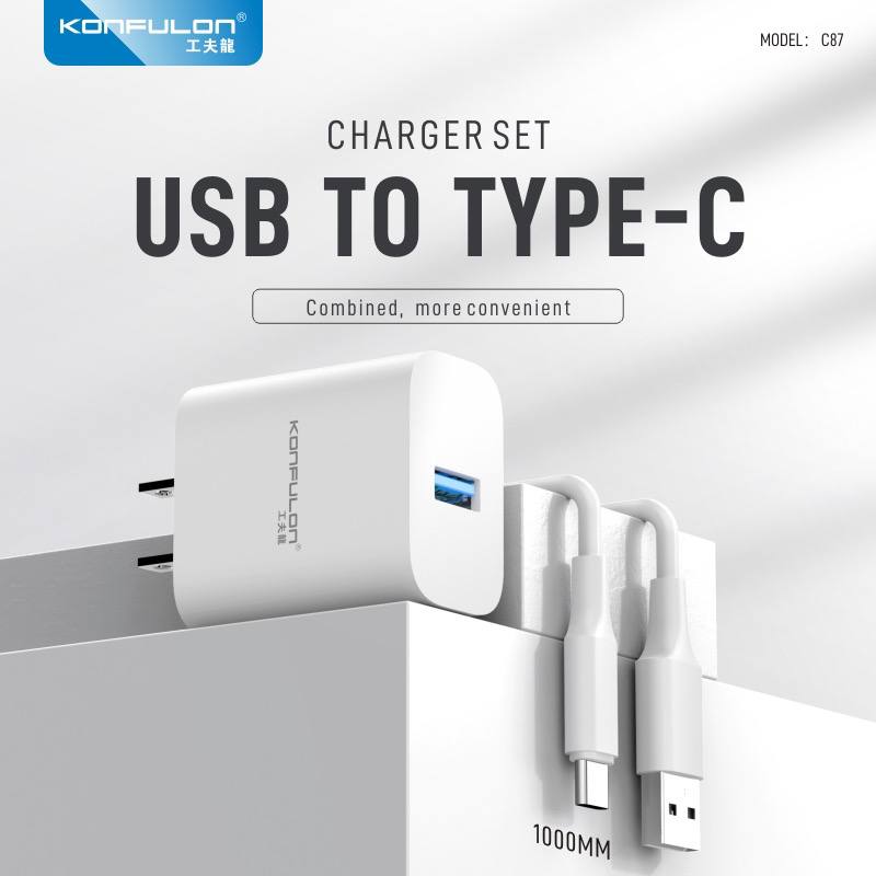 KONFULON Set Adapter and Cable Fast Charging 3.0A Model C87+Micro C87+Lightning C87+Type-c