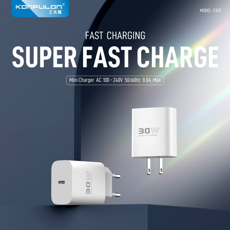 Konfulon Fast charge adapter 30W Model C87C come with cable Dl50 Lightning - cable Dl51 Type-C