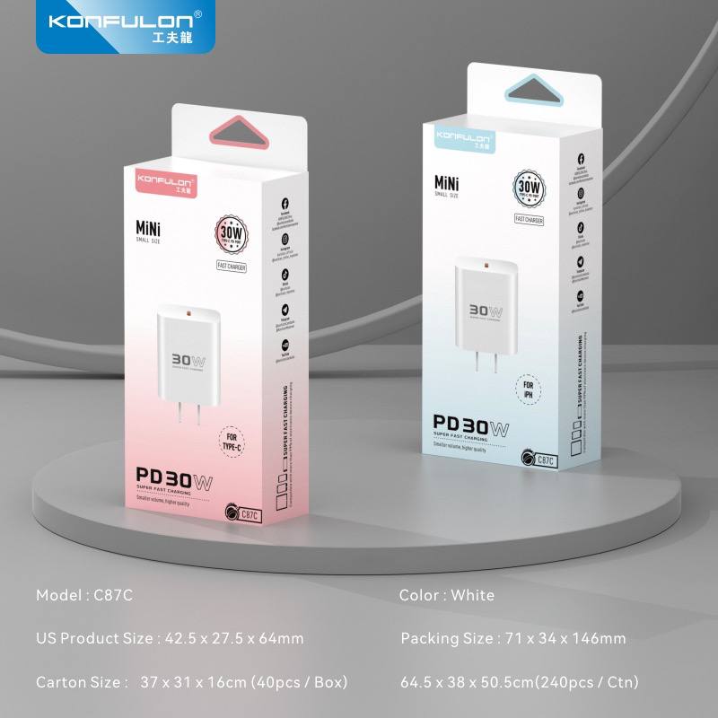 Konfulon Fast charge adapter 30W Model C87C come with cable Dl50 Lightning - cable Dl51 Type-C