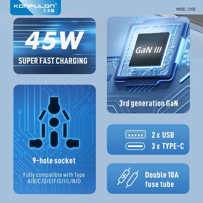 KONFULON Adapter Charging 45W  Rated Power2500W Model: C93Q