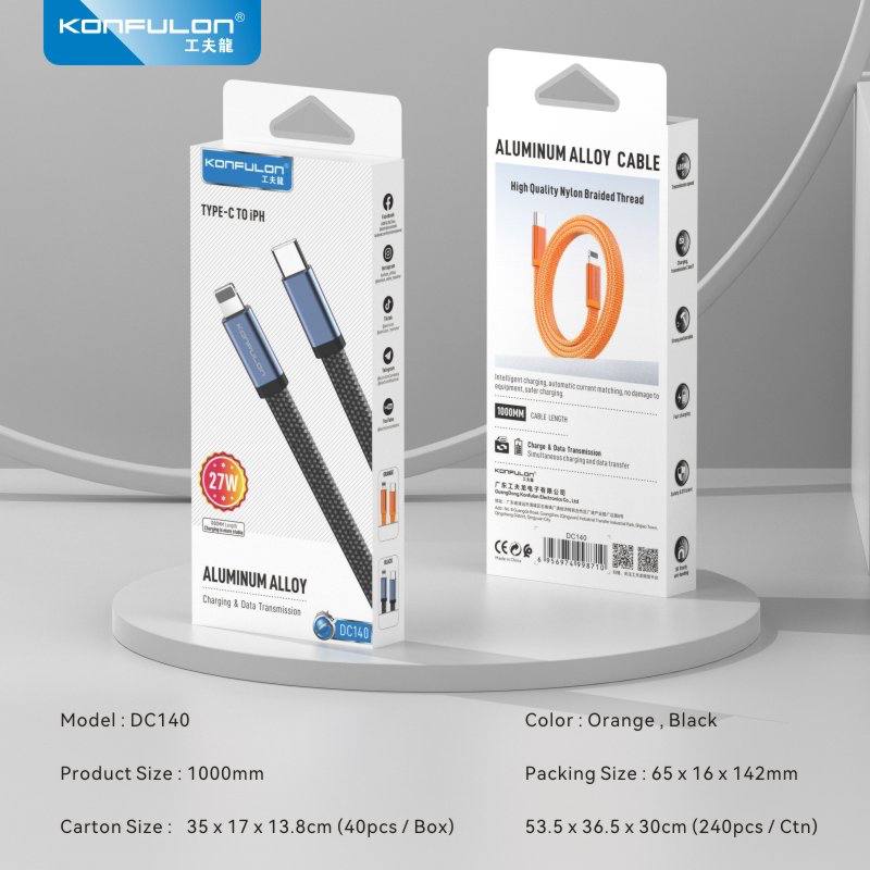 Konfulon  Aluminum Alloy Cable fast Charge support 27W Type_C to Lightning Model :DC140 60W Type_C toType_C Model :DC141