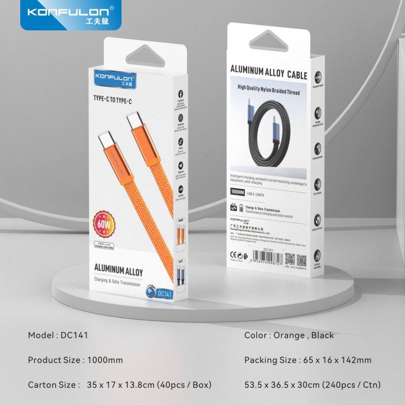 Konfulon  Aluminum Alloy Cable fast Charge support 27W Type_C to Lightning Model :DC140 60W Type_C toType_C Model :DC141