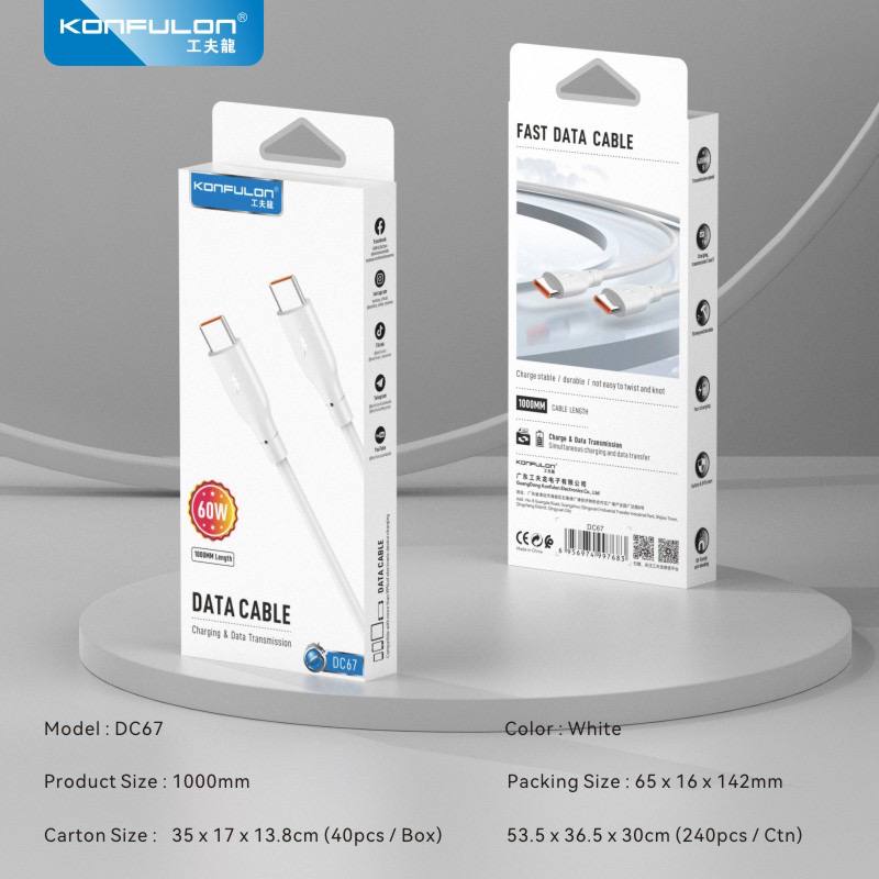 Konfulon Data Cable Charger 3.0A Model ​​DC66 iPhone 27W DC67 Type-C 60W