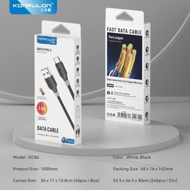 Konfulon Data Cable Charger 3.0A Model DC84 Micro DC85 iPhone DC86 Type-c 