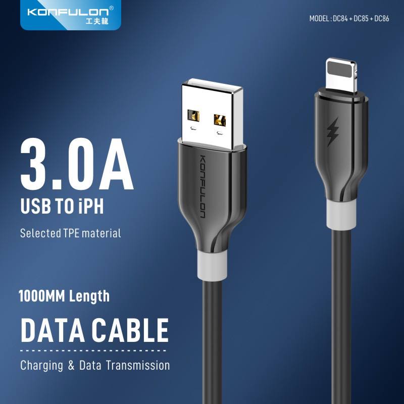 Konfulon Data Cable Charger 3.0A Model DC84 Micro DC85 iPhone DC86 Type-c 