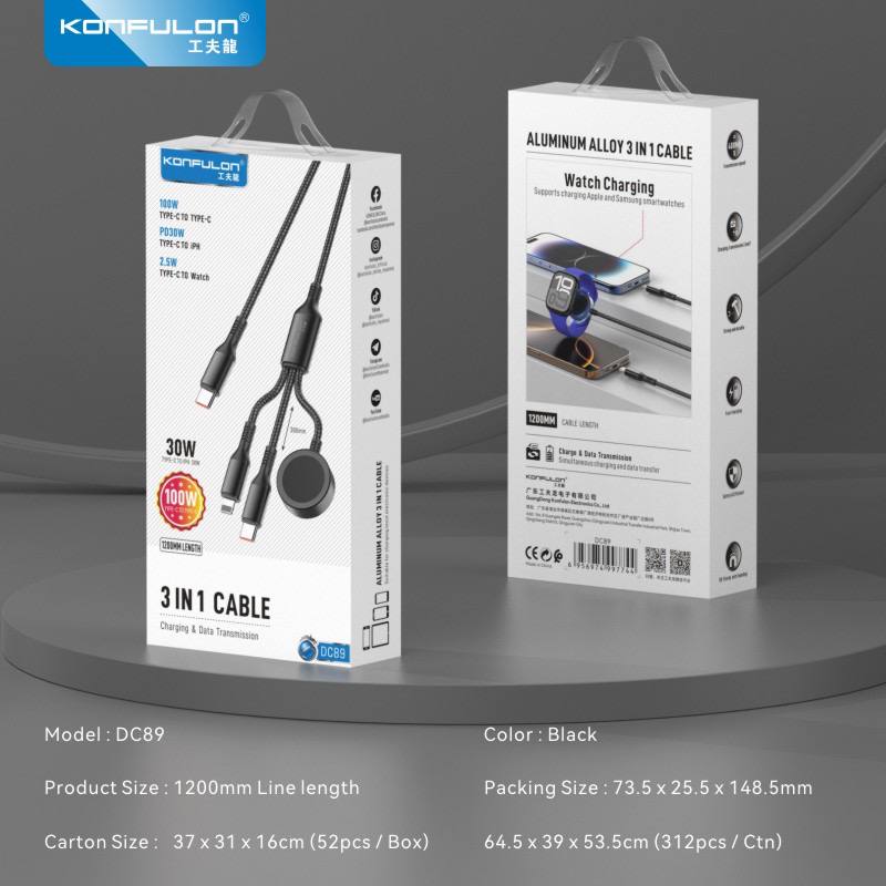 Konfulon 3 in 1 Cable Type 100W iPhone 30W Watch2.5W Model DC89