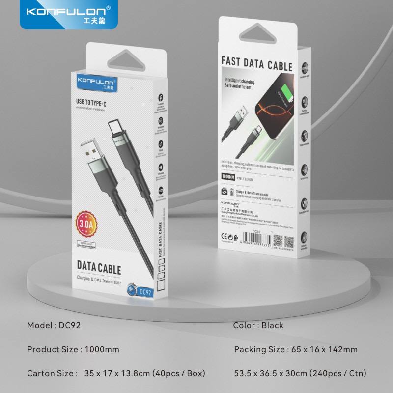 Konfulon Charging Cable with Charging Power 3.0A Model: DC90 Micro DC91 iPhone DC92 Type-C