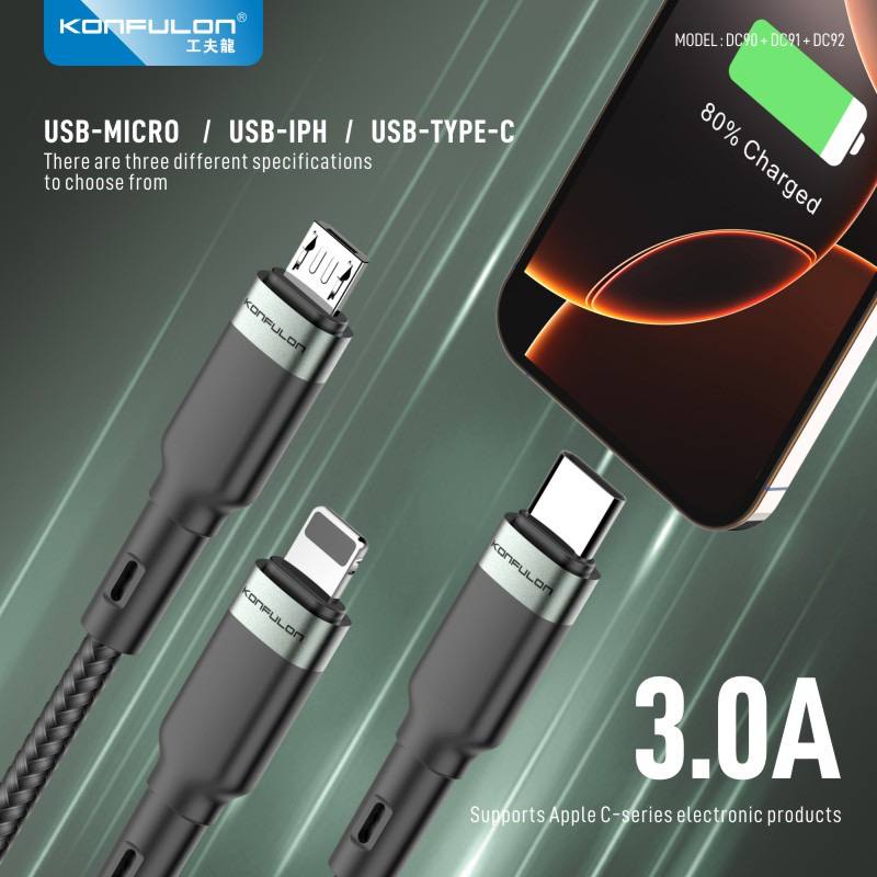 Konfulon Charging Cable with Charging Power 3.0A Model: DC90 Micro DC91 iPhone DC92 Type-C