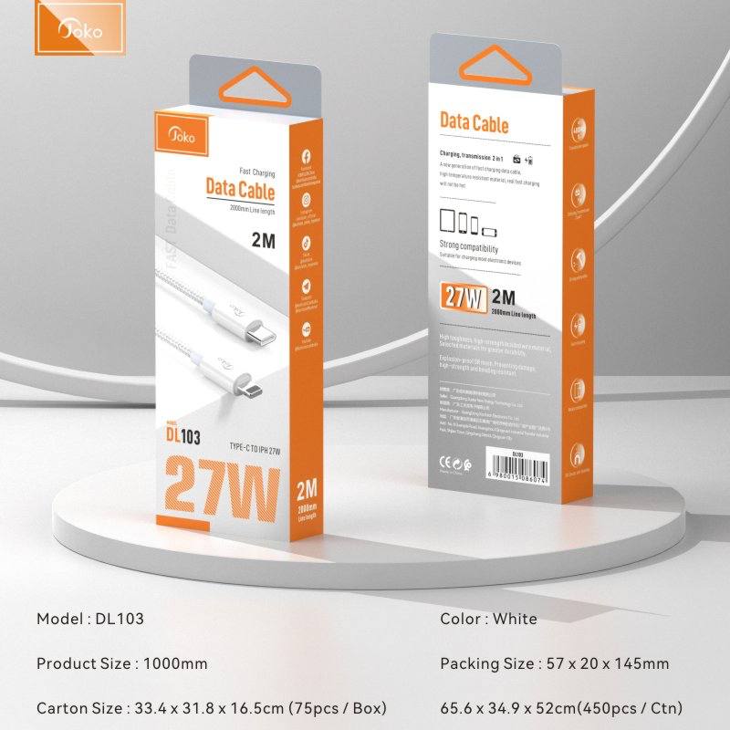 JOKO Charging Cable 2M with Power Out Fast Charging Up to 60W Model DL103 Type-C to  Iphone DL104 Type-C to TypeC