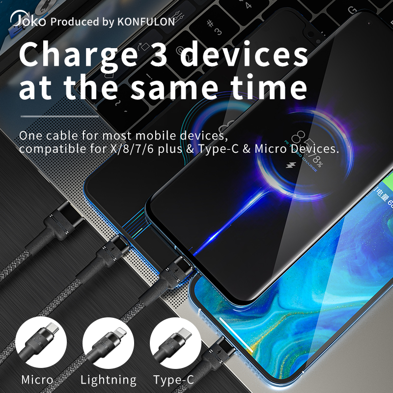 JOKO Charger Cable DL-16 3 in 1 Micro/Lightning/Type-C 66W