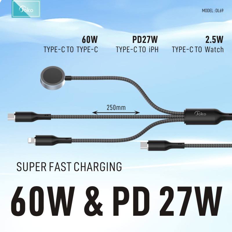 JOKO 3in1 charging cable with fast charging power that can be used for both Lighting Type-C and Wireless Model :DL69