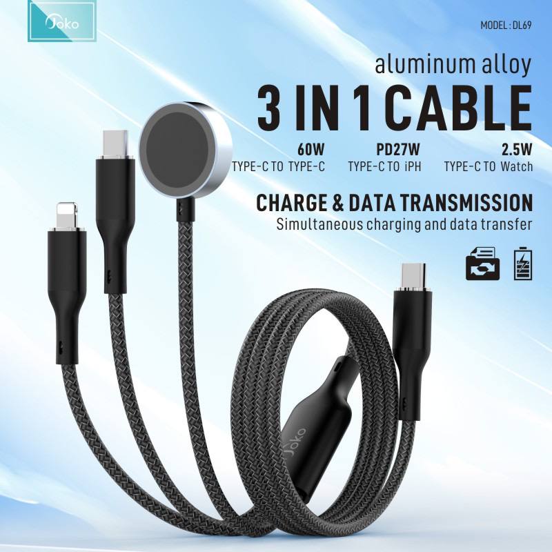 JOKO 3in1 charging cable with fast charging power that can be used for both Lighting Type-C and Wireless Model :DL69