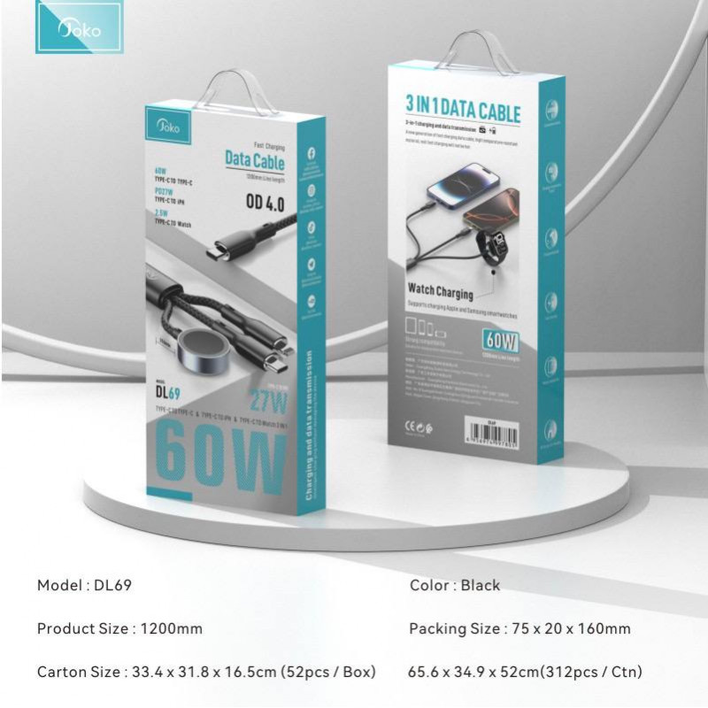 JOKO 3in1 charging cable with fast charging power that can be used for both Lighting Type-C and Wireless Model :DL69