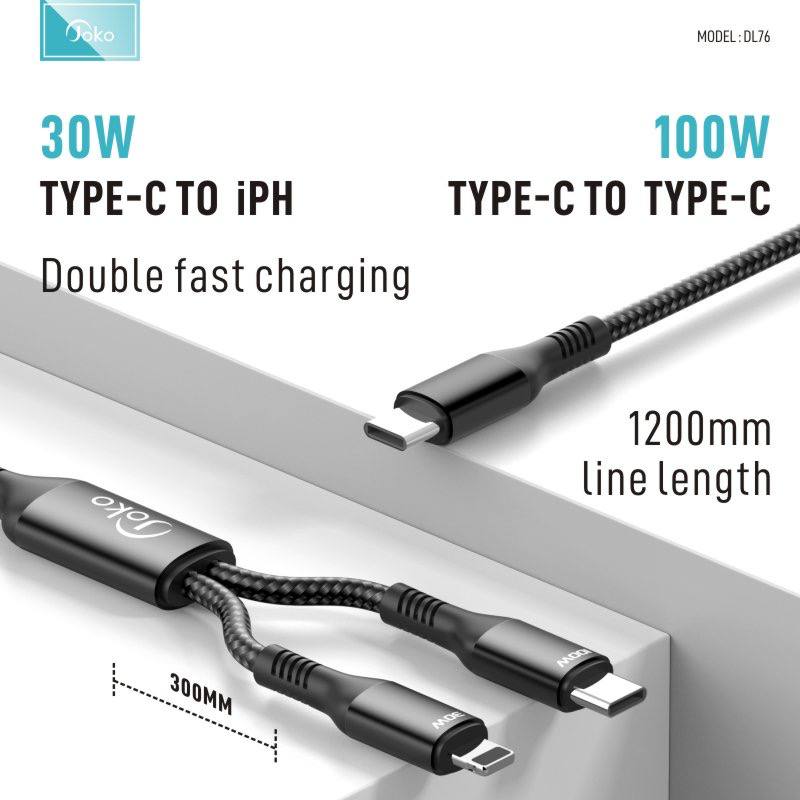 JOKO DL76 Charging Cable, Lightning and Type-C Fast Charging 100W