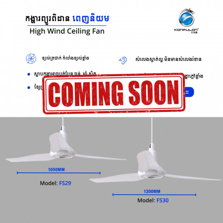 កង្ហាពិដានដែលមានកម្លាំងខ្យល់ខ្លាំង សម្លេងស្ងាត់ល្អ ម៉ូឌែល FS29 ទំហំ 1050mm  FS30 ទំហំ1200mm 