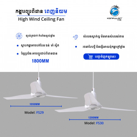 Ceiling Fan with ​Supper Soft Wind and Supper Mute : Model FS29 Size 1050mm, FS30 Size 1200mm