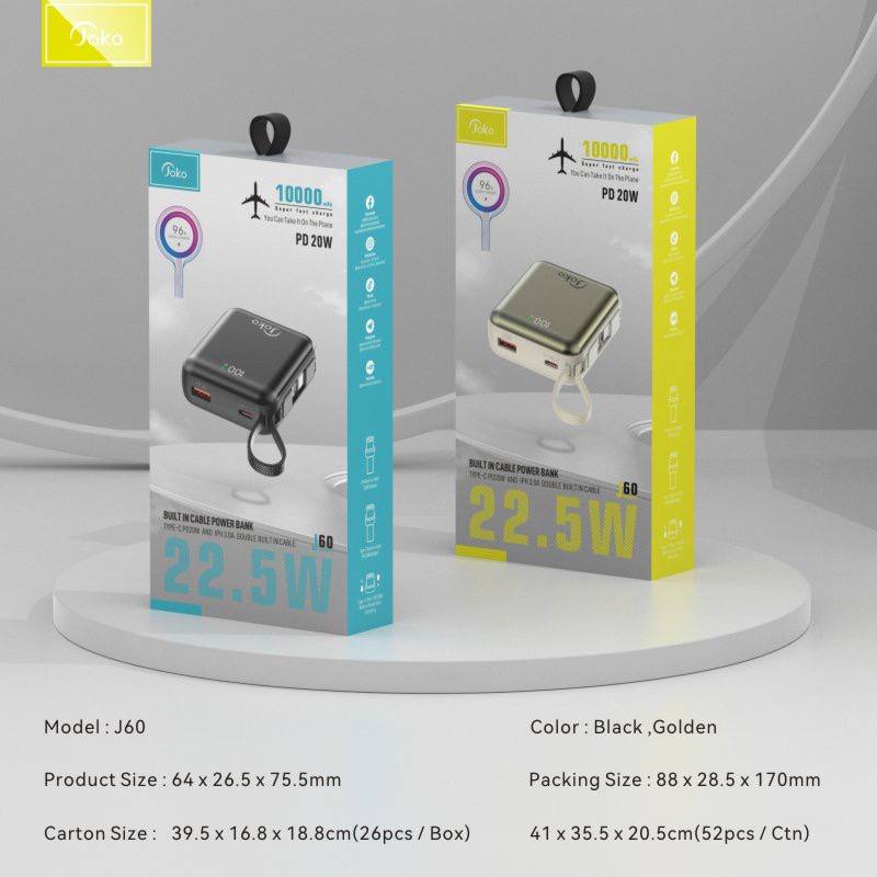 Joko USB22.5W PD20 fast charging power bank with 20000 mAh battery, model: J60