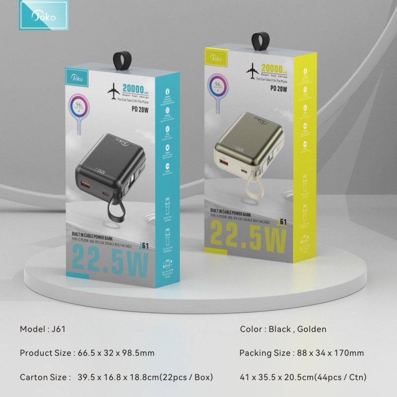 Joko USB22.5W PD20 fast charging power bank with 20000 mAh battery, model: J61