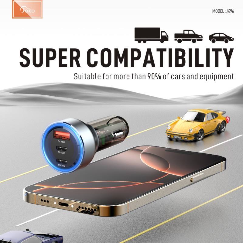 Joko car charger with fast charging, has 2 Type-C ports and 1 USB port, model: JK96