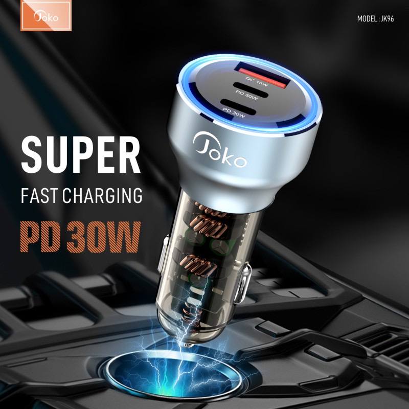 Joko car charger with fast charging, has 2 Type-C ports and 1 USB port, model: JK96