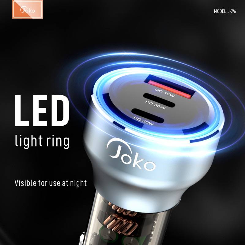 Joko car charger with fast charging, has 2 Type-C ports and 1 USB port, model: JK96