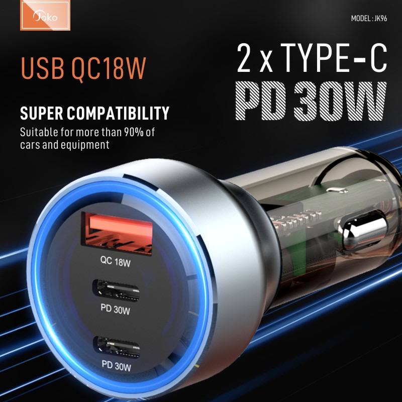Joko car charger with fast charging, has 2 Type-C ports and 1 USB port, model: JK96